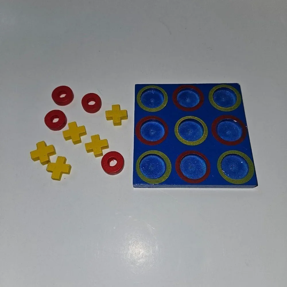 Small Wooden Tic Tac Toe Game Blue Red Yellow Devrian Travel COMPLETE